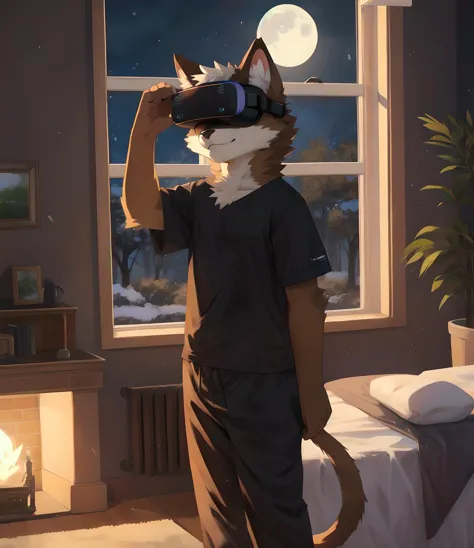 Bedroom, night time, furry, Grey & brown fluffy cat , wearing a black tshirt and white pants, pajamas, wearing a Meta Quest VR h...
