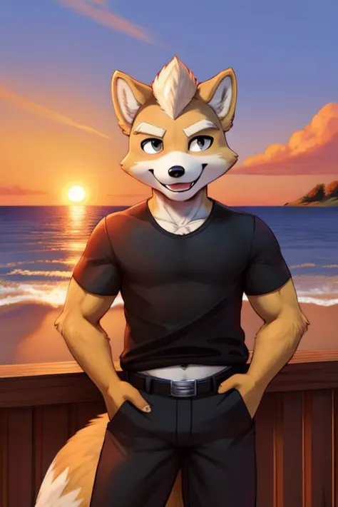 Furry Fox McCloud, black t-shirt, black pants, navel, carefree, happy, sunset, evening