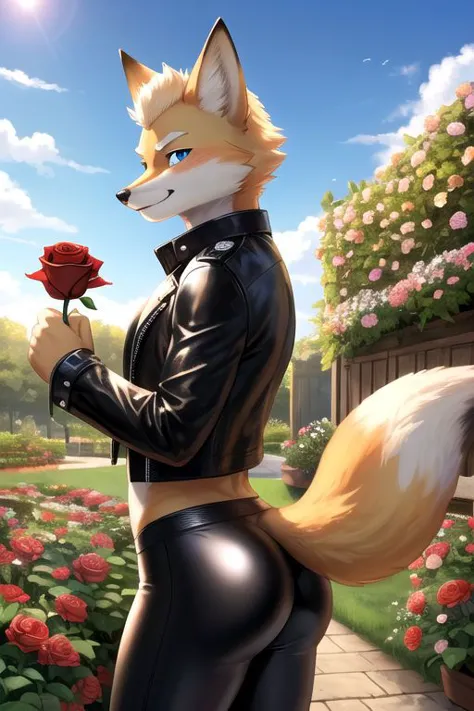 realistic, ubbp, fur, high quality, ultra romantic setting, many flowers, Fox McCloud in leather [male], solo, cropped black lea...