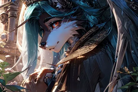 8k, UHD, ((detailed eyes, detailed face)), Her beautiful body seamlessly combines the majestic attributes of a wolf into a humanoid form. Adorned with a two-tone black and white fur. She has long flowing blue hair. She is extending her large black feathery wings,