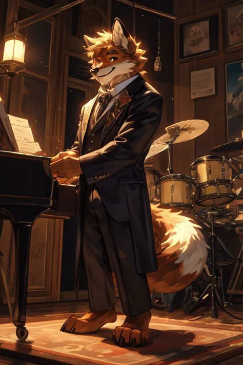 (((Barefoot furry character, full body, furry male, cinematic.)))
Passionate beefy fox conductor wearing a tailcoat and holding ...
