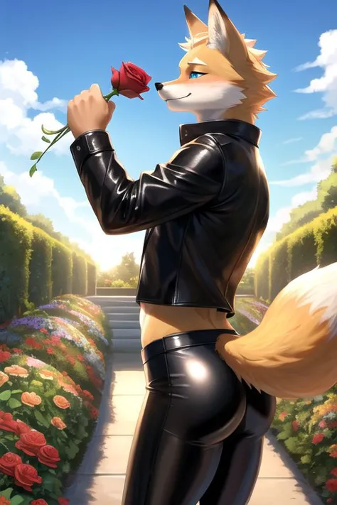 realistic, ubbp, fur, high quality, ultra romantic setting, many flowers, Fox McCloud in leather [male], solo, cropped black lea...