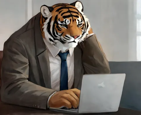 Furry, Furry male tiger, wearing a business suit,  sitting behind a desk, stressed out, paw on head, laptop, expressive , master...