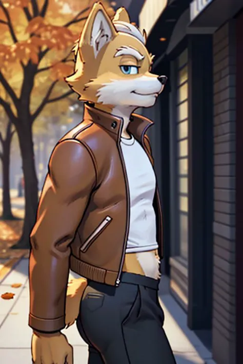 Fox McCloud from Starfox, Ultra-high quality, male, solo, semi-realistic, high quality fur, taking a walk on the streets in autu...