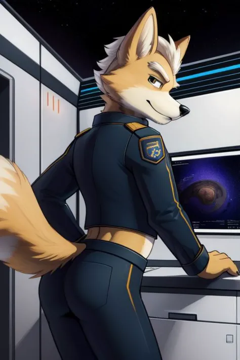 Ultra-high quality, sexy, Fox McCloud, space ship, leaning against control panel, solo, male, tight cropped uniform, navel, butt, furry, bwu