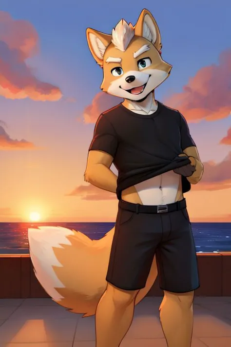 Furry Fox McCloud, black t-shirt, black pants, lifting up front of shirt, navel, carefree, happy, sunset, evening