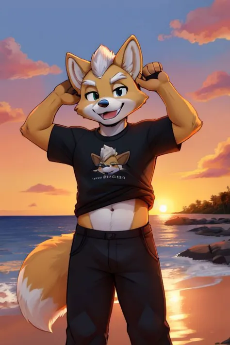 Furry Fox McCloud, black t-shirt, black pants, lifting up front of shirt, navel, carefree, happy, sunset, evening