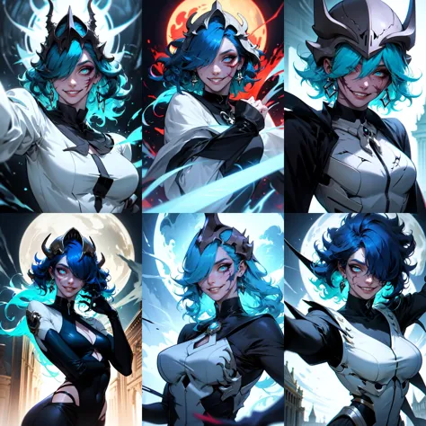 a group of pictures of a woman with blue hair and a hat