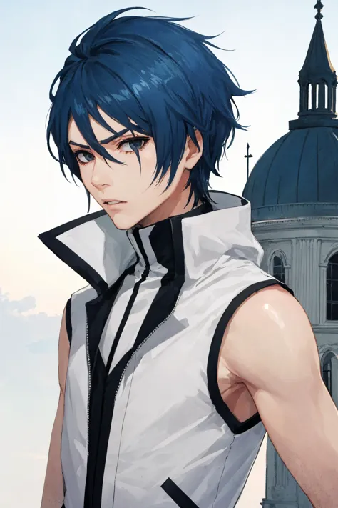 a close up of a person with blue hair and a white vest