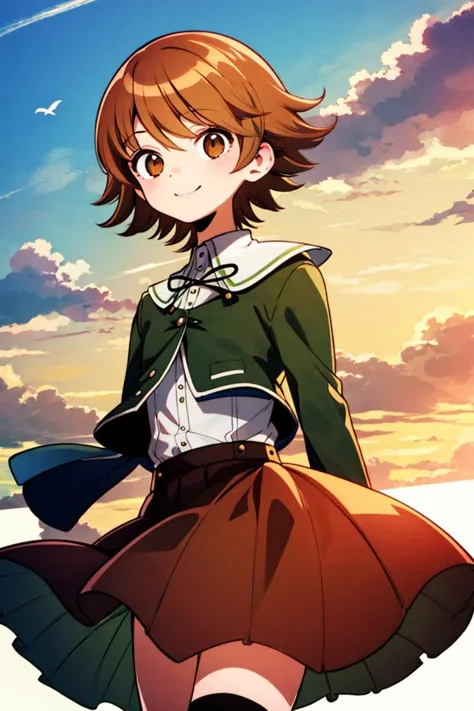 a woman in a green jacket and skirt standing in front of a cloudy sky