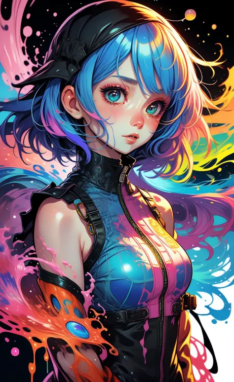 anime girl with blue hair, liquid colors, splash colors rainbow, close up, portrait, glowing colors, focus face in skin color,  <lora:gyokai:0.4>