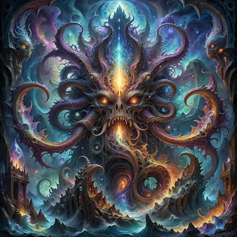 arcano, asombrar, fantástico, primordial, mágico, obra de arte famosa (por josefina pared:1.3), (escena dramática:1.4), (fractal art:0.3), estilo de fantasía, Esta imagen muestra la colosal monstruosidad parecida a un kraken conocida como "confuso wartsnapper" mientras se encoge de miedo de las profundidades psionitoring de un remolino, Mar resplandeciente de otro mundo bajo un espectacular cielo tempestuoso, está rodeado por las típicas formaciones cristalinas fractales dentadas en la costa psorbificada del planeta rico en agua Yuckman IV, las formas de vida supersticiosas lo consideran un "portador de la fatalidad", Detalle ultra alto, ultra realista, 8K