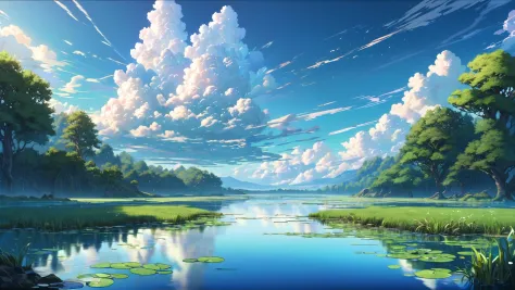 primordial, anime style, digital painting, morning, blue sky, clouds, scenery, in a Wetlands<lora:EnvyPrimordialXL01:1><lora:Env...