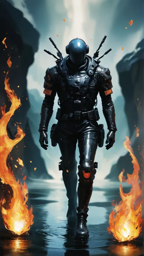 a man in a black suit walking through a fire filled area