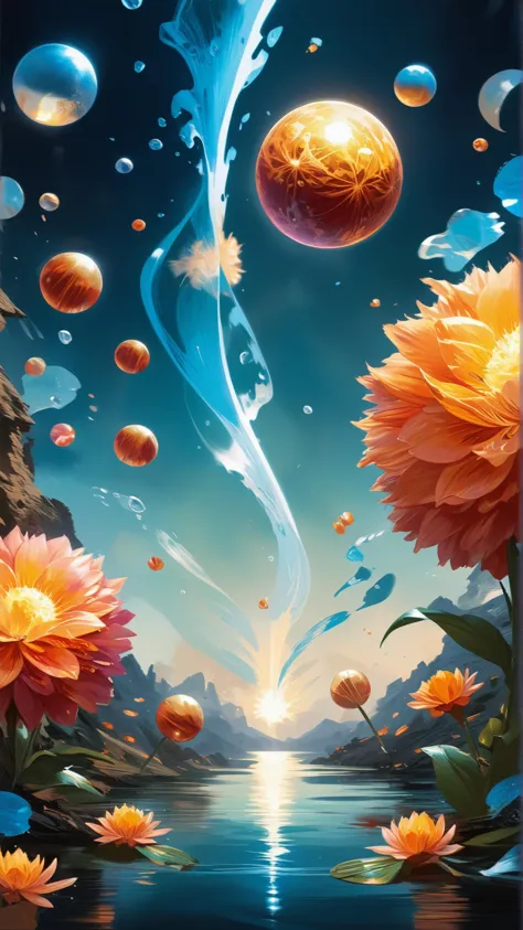 a painting of a beautiful sunset with flowers and planets