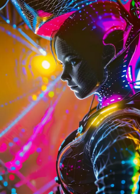 a woman in a futuristic suit with headphones and a neon light