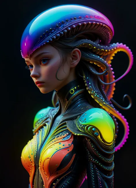 (full body shot:1.5) (art style of Yoh Nagao, Yanjun Cheng) [alien|octopus|girl] in the style of textured illustrations, dark gr...