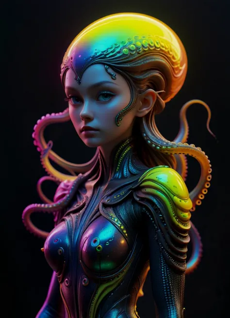 (full body shot:1.5) (art style of Yoh Nagao, Yanjun Cheng) [alien|octopus|girl] in the style of textured illustrations, dark gr...