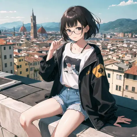 masterpiece, best quality,tower, town,Europ, florence, a girl, glasses, short hair,sit,black eyes, flat chest, jacket,white T-sh...