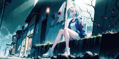 Original, (masterpiece), very clear background, very intricate background detail, best quality, dim light, blood-red thorns, ((Thick fog)), (Silent Hill), deserted town, small glowing blue octavo, damaged firearm, a young girl, (short silver hair), turquoise blue eyes, thin female body, (covered in blood), blue jacket, white shirt, grey shorts, boots, half-opened eyes, looking at octavo, leaning against wall, sitting helplessly, indifferent look, 4K Unity, (super-detailed CG: 1.2) , (8K: 1.2), octane rendering, Dynamic, floating, luminous, wide-angle viewing angle:2