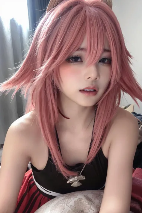 a close up of a person with pink hair and a black top