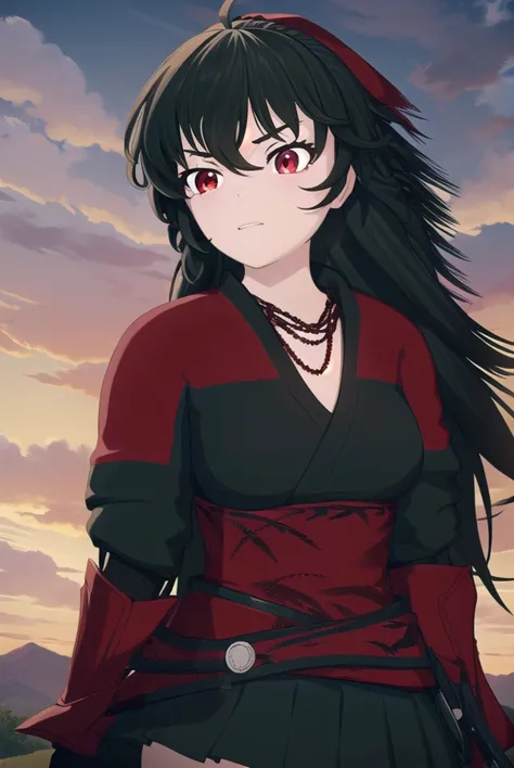 ravenbranwen, <lyco:ravenbranwen-lyco-nochekaiser:1>,
raven branwen, long hair, black hair, ponytail, hair ribbon, ribbon, (red ...