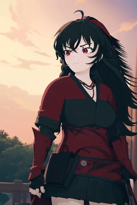 ravenbranwen, <lyco:ravenbranwen-lyco-nochekaiser:1>,
raven branwen, long hair, black hair, ponytail, hair ribbon, ribbon, (red eyes:1.2), ahoge,
BREAK thighhighs, japanese clothes, black thighhighs, fingerless gloves, armor, necklace, skirt, black skirt,
BREAK outdoors, nature, forest, night, sky, moon,
BREAK looking at viewer, (cowboy shot:1.5),
BREAK <lyco:GoodHands-beta2:1>, (masterpiece:1.2), best quality, high resolution, unity 8k wallpaper, (illustration:0.8), (beautiful detailed eyes:1.6), extremely detailed face, perfect lighting, extremely detailed CG, (perfect hands, perfect anatomy),