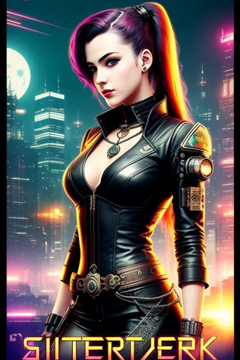 a woman in a black leather outfit standing in front of a city