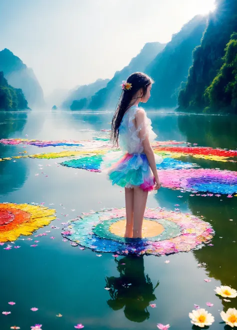 1girl, (masterpiece:1.2), best quality, multicolored, masterpiece, best quality,((an extremely delicate and beautiful)), floating, (detailed wet clothes), (detailed light), feather, nature, (sunlight), river, floating palace, beautiful and delicate water, (bloom), (shine), colorful, panorama, landscape, Colorful portraits, dynamic lighting