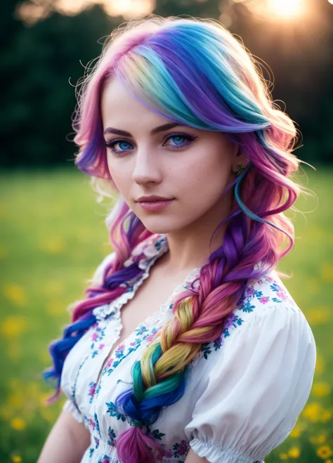 with rainbow hair lying in a field, wearing a floral print milkmaid dress, busty, perfect eyes, highly detailed beautiful expressive eyes, detailed eyes, rainbow, (highly detailed skin:1.1), professional photoshoot, distance view, (wide angle view:1.4), Intricate details, RAW, analog style, sharp focus, 8k, high resolution, canon dslr, 35mm photograph, film, bokeh, professional, 4k, highly detailed dynamic lighting, photorealistic, 8k, raw, rich, intricate details, key visual, vivid colors