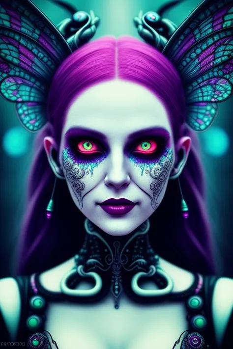 photography of a creepy and cute fairy, perfect face, intricate details, realism, colorful cyberpunk