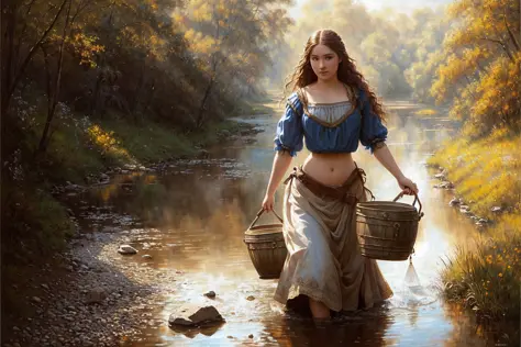 fantasy drawing, medieval, beautiful peasant maiden in carries two water buckets down to a creek, exposed midriff, rule of thirds, great composition, hd, 8k, painted, by greg rutkowski