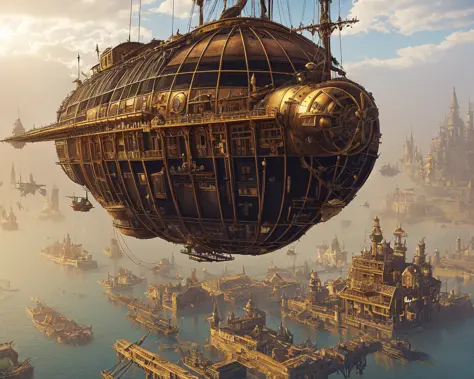 Un dirigeable steampunk vole vers une ville flottante médiévale