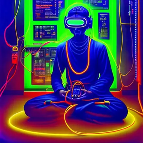 oil painting of a single monk wearing a helmet kneeling and meditating with wires connecting him to a computer, blue glow, shadows, vr headset, headset, headset, coiled cables, creepy, colorful neon lights, alone, small room, dust, grime, dirt, nirvana, machines and wires everywhere, colorful neon lights, desaturated, creepy, dark shadowy surroundings, dystopian scifi, horror, stefan koidl inspired, 4 k