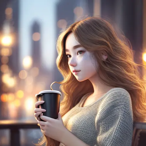 a masterpiece detailed beautiful cityscape, early hour morning, a super cute girl drinking coffee and look at her phone, studio lighting, (detailed skin and hair texture)+++, highly contrasted, high-quality