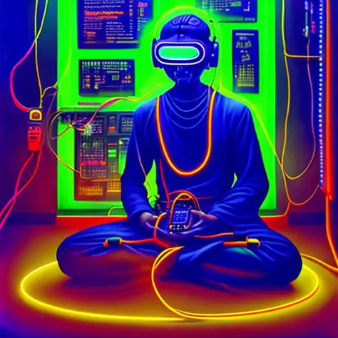 oil painting of a single monk wearing a helmet kneeling and meditating with wires connecting him to a computer, blue glow, shadows, vr headset, headset, headset, coiled cables, creepy, colorful neon lights, alone, small room, dust, grime, dirt, nirvana, machines and wires everywhere, colorful neon lights, desaturated, creepy, dark shadowy surroundings, dystopian scifi, horror, stefan koidl inspired, 4 k