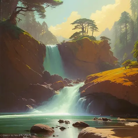 pebble beach waterfall, extremely detailed oil painting, unreal 5 render, rhads, sargent and leyendecker, savrasov levitan polenov, bruce pennington, studio ghibli, tim hildebrandt, digital art, landscape painting, octane render, beautiful composition, trending on artstation, award winning photograph, masterpiece