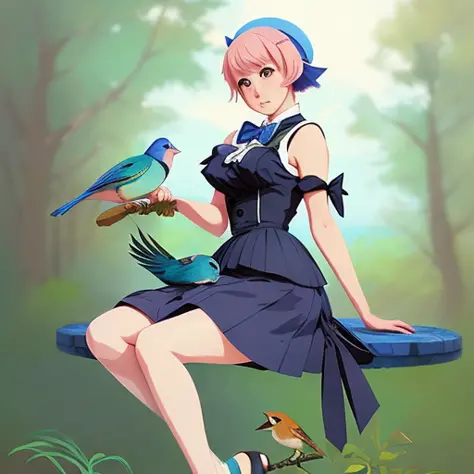 crayon de couleur, art animé, belle fille de pin-up féminine tout le corps, tenant un oiseau bruant indigo, l&#39;oiseau porte un nœud papillon, Oups, rossdessine sakimimichan, Ilya Kouvshinov, Krenz Cushart, Greg Rutkowski