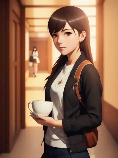 Cute girl with cup of coffee in school hallway, medium shot, visible face, detailed face, perfectly shaded, atmospheric lighting, by makoto shinkai, stanley artgerm lau, wlop, rossdraws