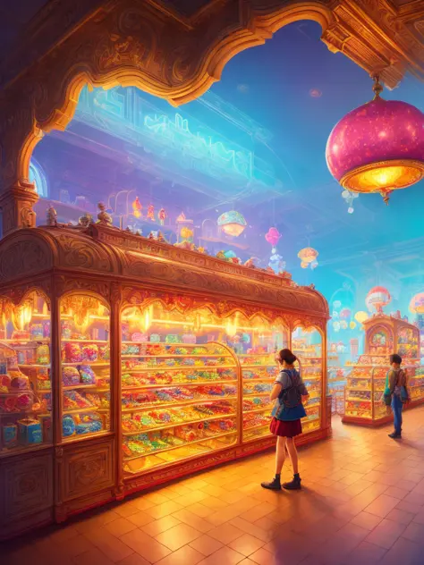 masterpiece, award winning concept art, interior of a candy store, intricate, intricate details, beautiful lighting, stunning gorgeous cinematic light, volumetric, 8k, trending on artstation, by ross tran, concept art, sharp focus, illustration, [nude+, low quality, low resolution, bad quality, b&w, bad photo, bad art, 3d, watermark, logo,]