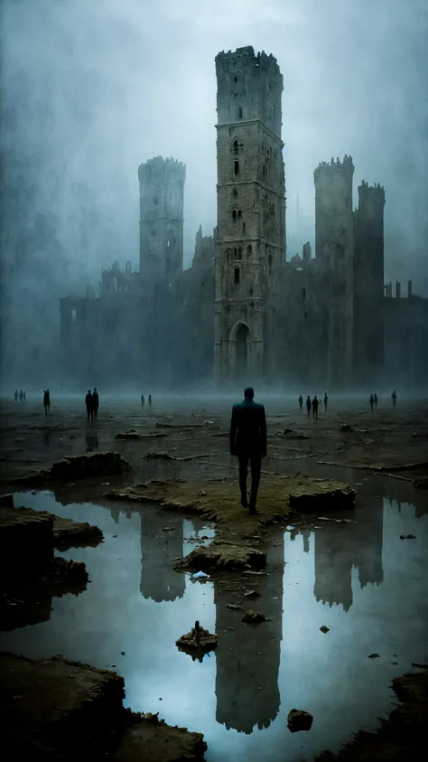 arafed image of a man walking in front of a castle