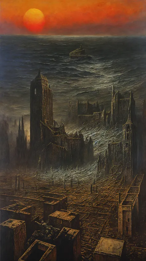 A crumbling cityscape, dwarfed by a line of moving figures, dreamlike and poignant, by zdzislaw beksinski, Whirlwind, Gothic,  C...