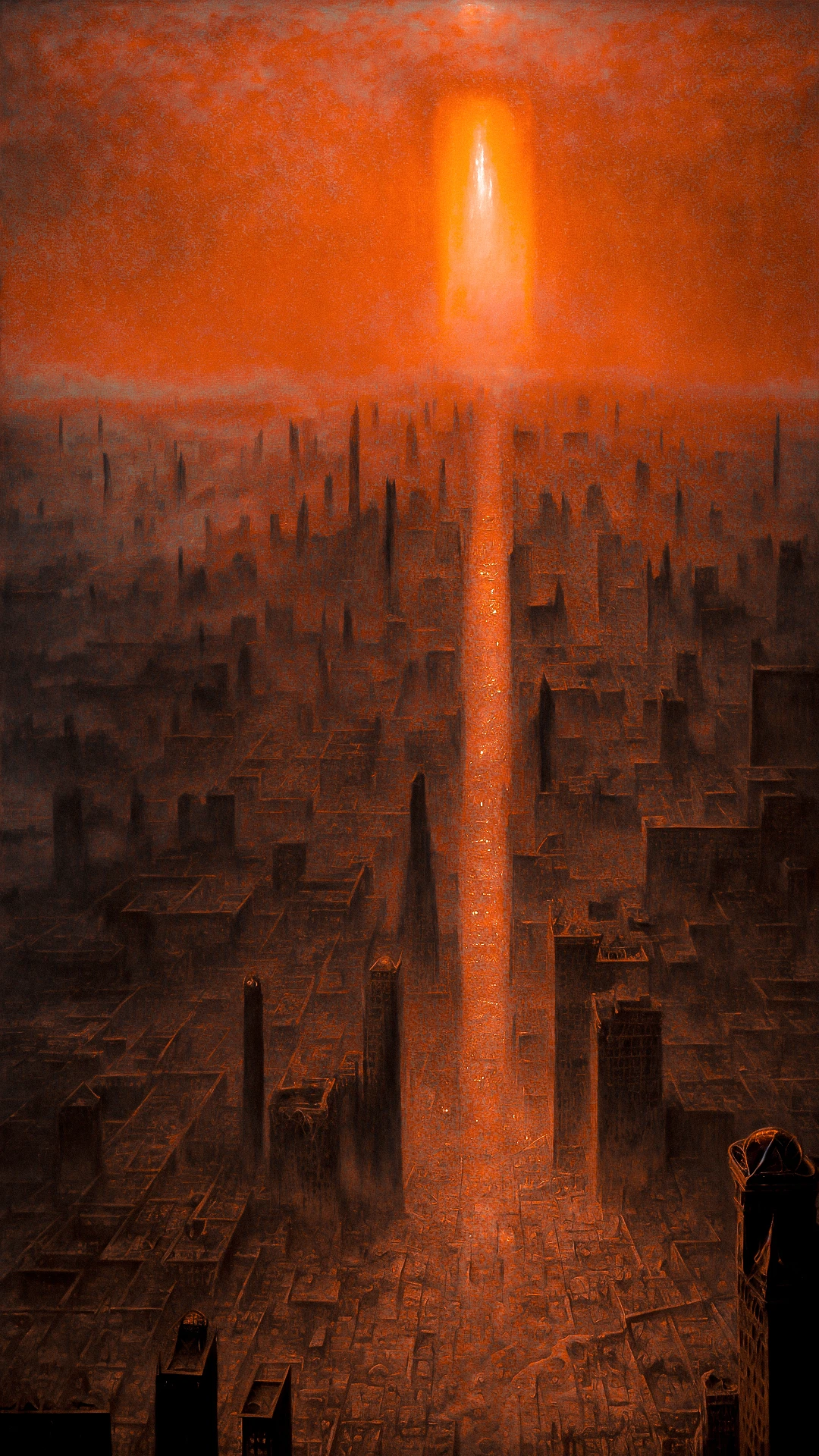 Uma vasta paisagem urbana lentamente consumida pelo deserto invasor, surreal e distópico, por Zdzislaw Beksinski, nevasca, Baroque,  espelhos, etéreo,horripilante,enigmático, (saturação:1.1), (proporção áurea:1.1),  (Grisaille:1.1), (luz da lanterna:1.2), penas, Trapezoid, ultra detalhado, intricado, óleo sobre tela, escova seca, (Surrealismo:1.1), (perturbador:1.1), 