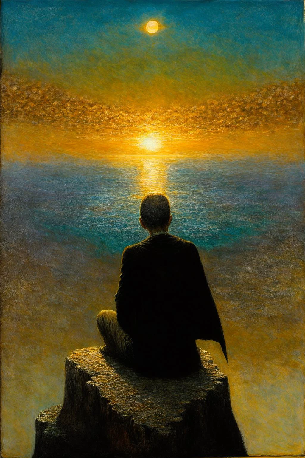 a man sits on a cliff watching the beautiful sunset, tiny man, gorgeous, cape, ((from back)), (Double suns, 2 suns:1.2), (Sunset:1.2), Lace, ultra detailed,  intricate, oil on canvas, dry brush, (surrealism:1.1), (disturbing:1.1), 