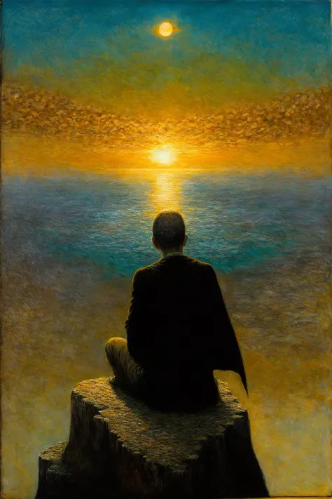 a man sits on a cliff watching the beautiful sunset, tiny man, gorgeous, cape, ((from back)), (Double suns, 2 suns:1.2), (Sunset...