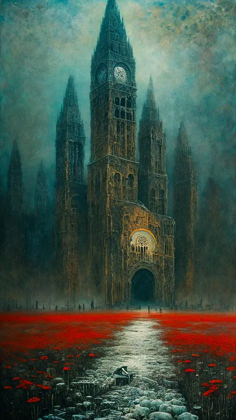 A crumbling cityscape, dwarfed by a line of moving figures, dreamlike and poignant, by zdzislaw beksinski, Snow, Art Deco,  Skel...