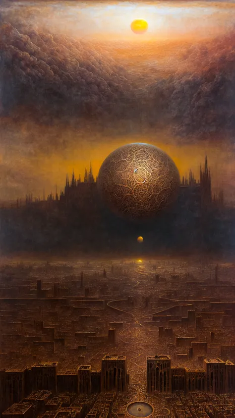 a painting of a large sphere floating over a city