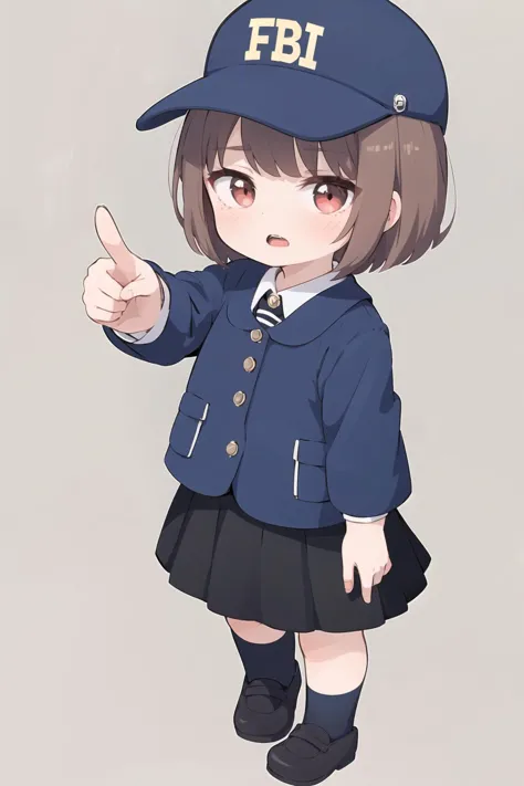 a cartoon girl in a police uniform pointing at something