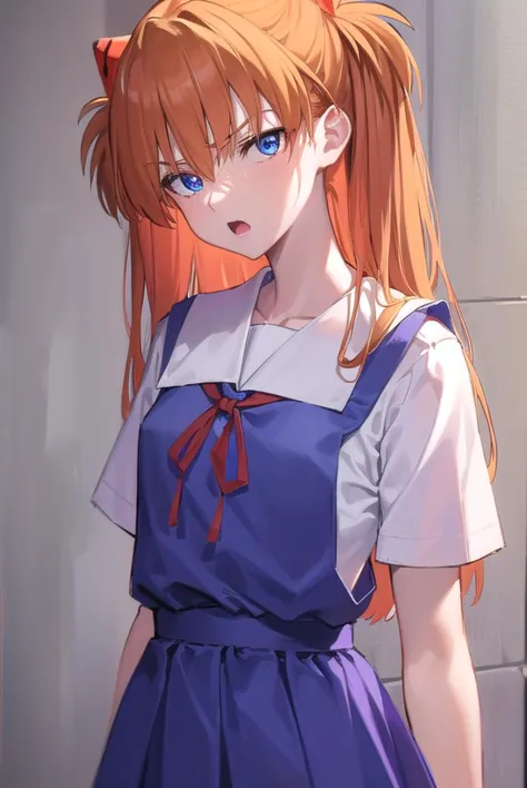 anime girl with red hair and blue eyes in a blue dress