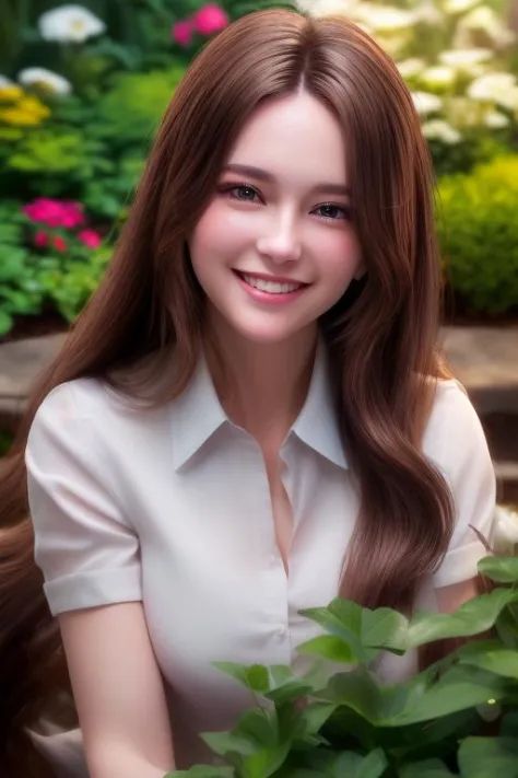 girl, beautiful, (long brown hair, brown eyes, smiling:1.5), (white shirt:1.4), (garden:1.3), (looking at camera, solo, centered, portrait:1.2), (best quality, high quality:1.1), ultra detailed 8k cg, realistic, cinematic bloom, cinematic lighting, photore...